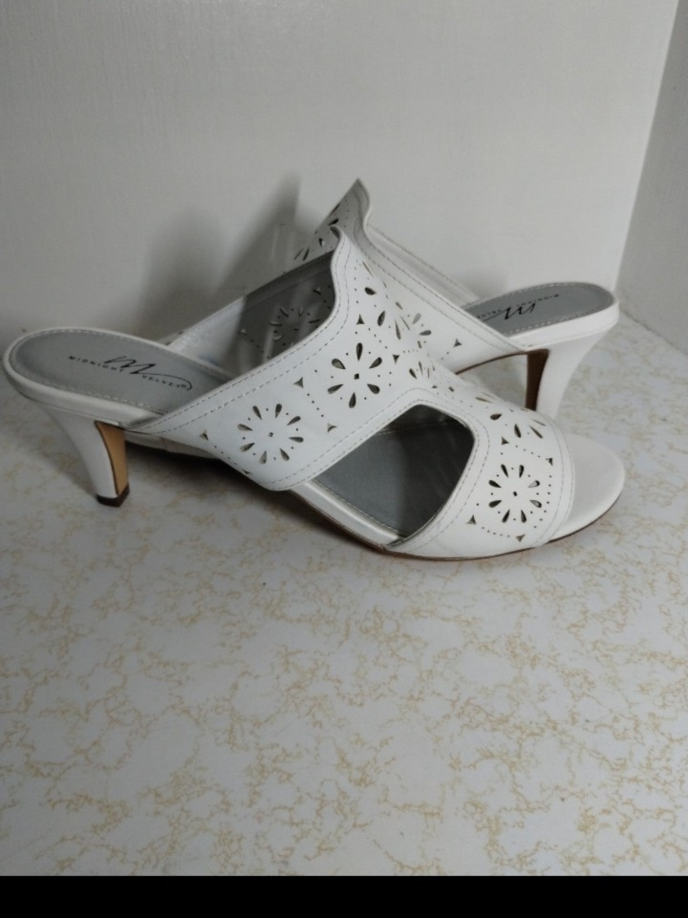 Midnight Velvet White Laser-Cut Slide Heels